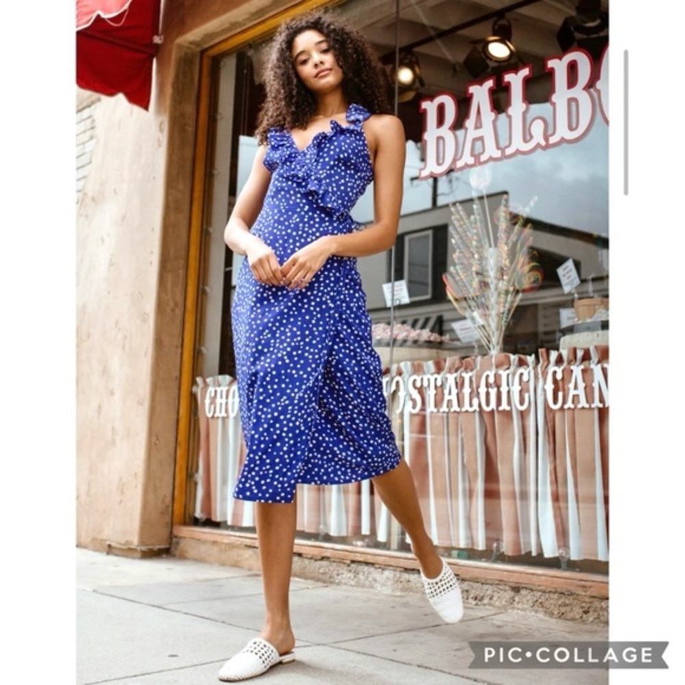 Lucy Paris Claudia Dress Royal Blue Polka Dot Wrap Flutter Strap XS